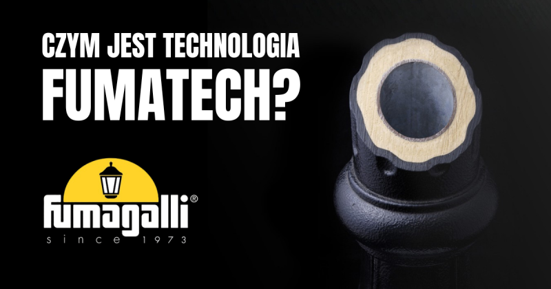 Przekrój słupa oświetleniowego Fumagalli w technologii FUMATECH z widocznymi trzema warstwami oraz napis Czym jest technologia FUMATECH?