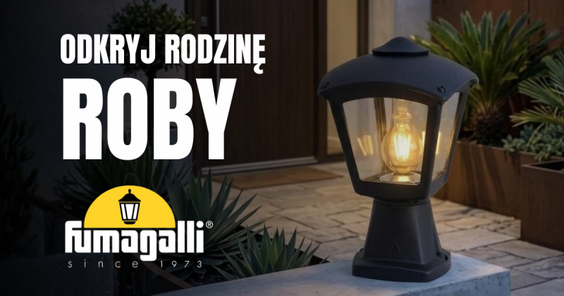 Lampa zewnętrzna stojąca Fumagalli Roby na tarasie przed domem, podświetlona żarówka LED, logo Fumagalli, oświetlenie ogrodowe.